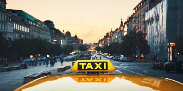 Ein Taxi fährt auf einer belebten Stadt in den Sonnenuntergang. Für den Fahrer beginnt die Nachtschicht.